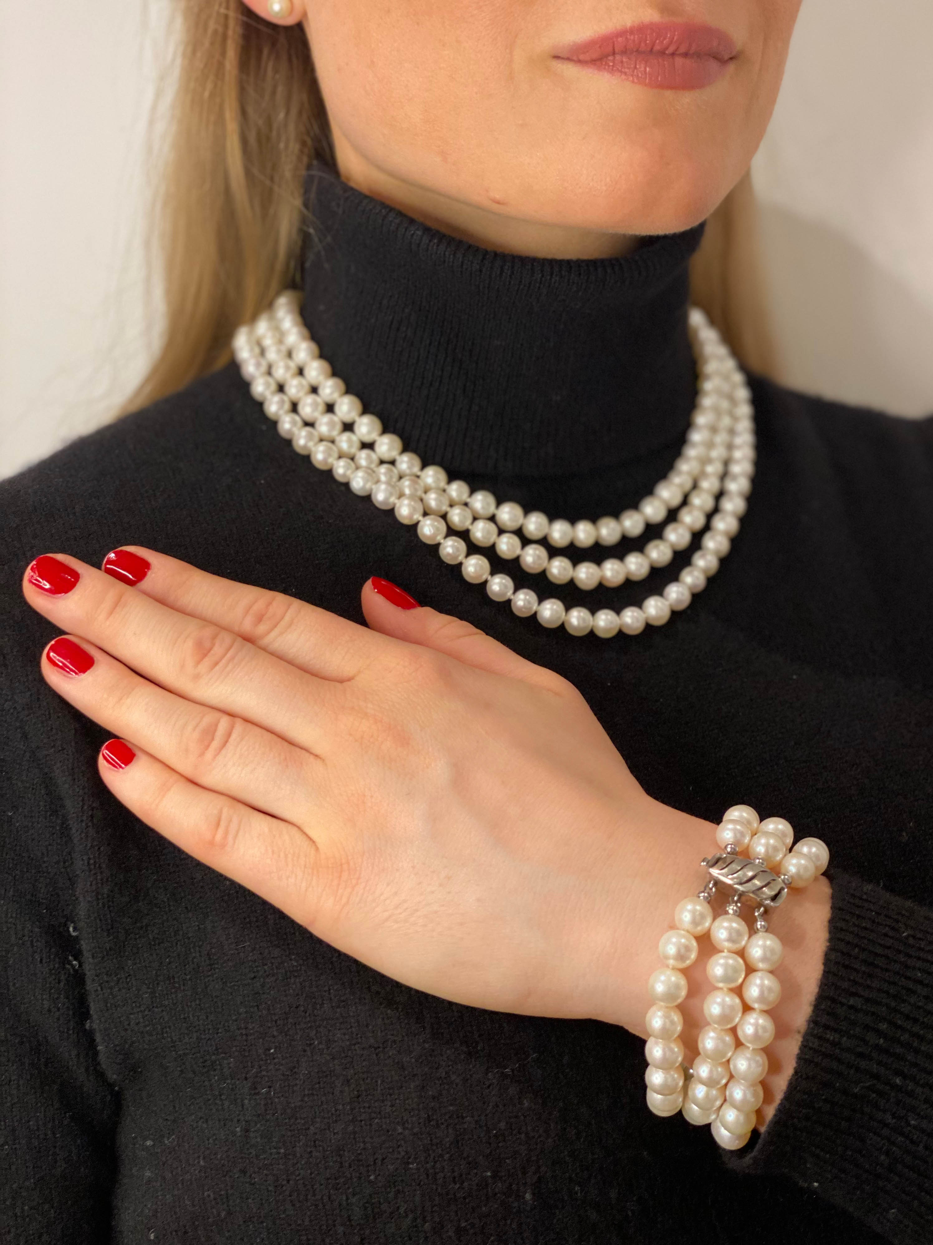 Three-row Japanese saltwater pearl set with silver clasp