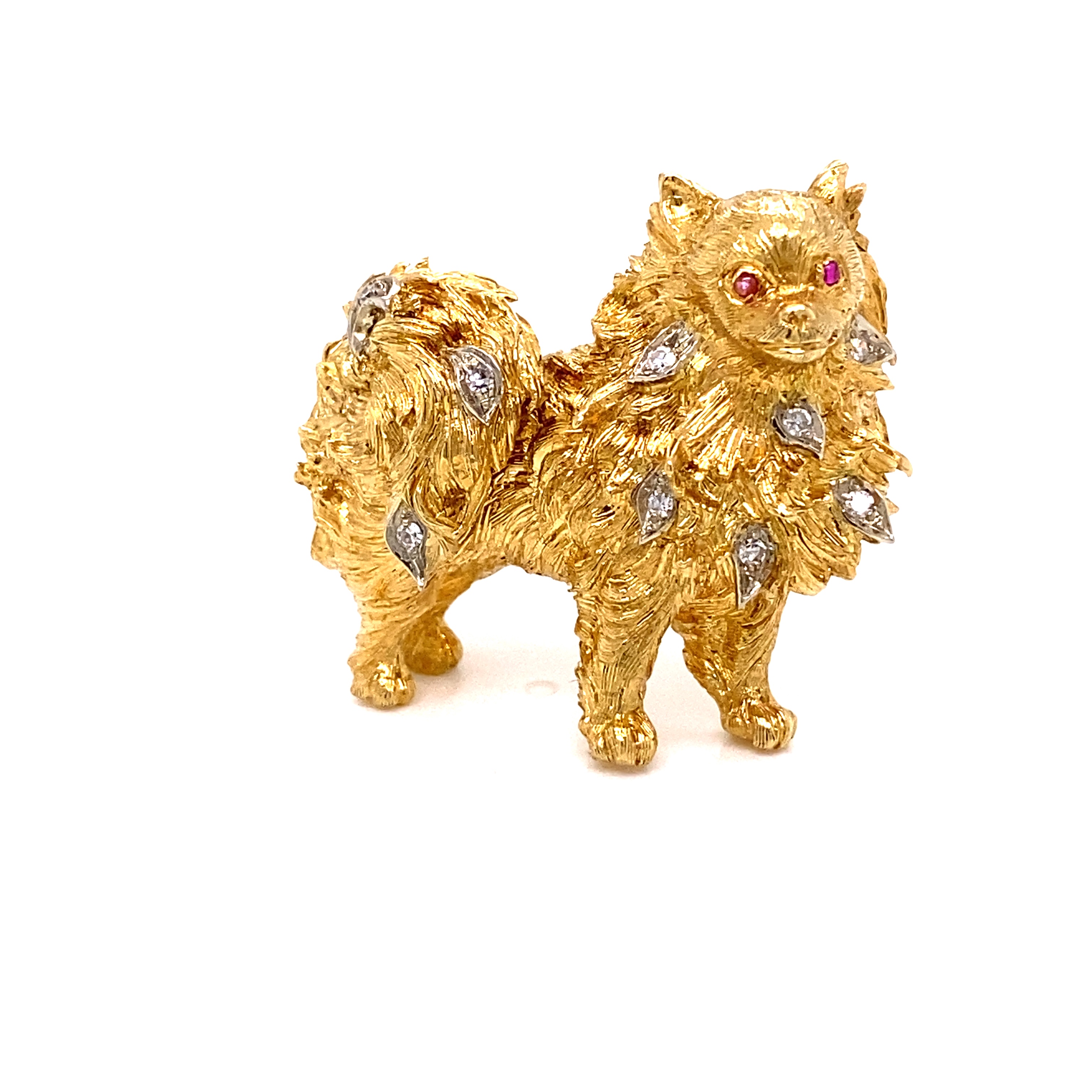 Gold Golden 18K 750 Pomeranian
dog with diamonds and rubies