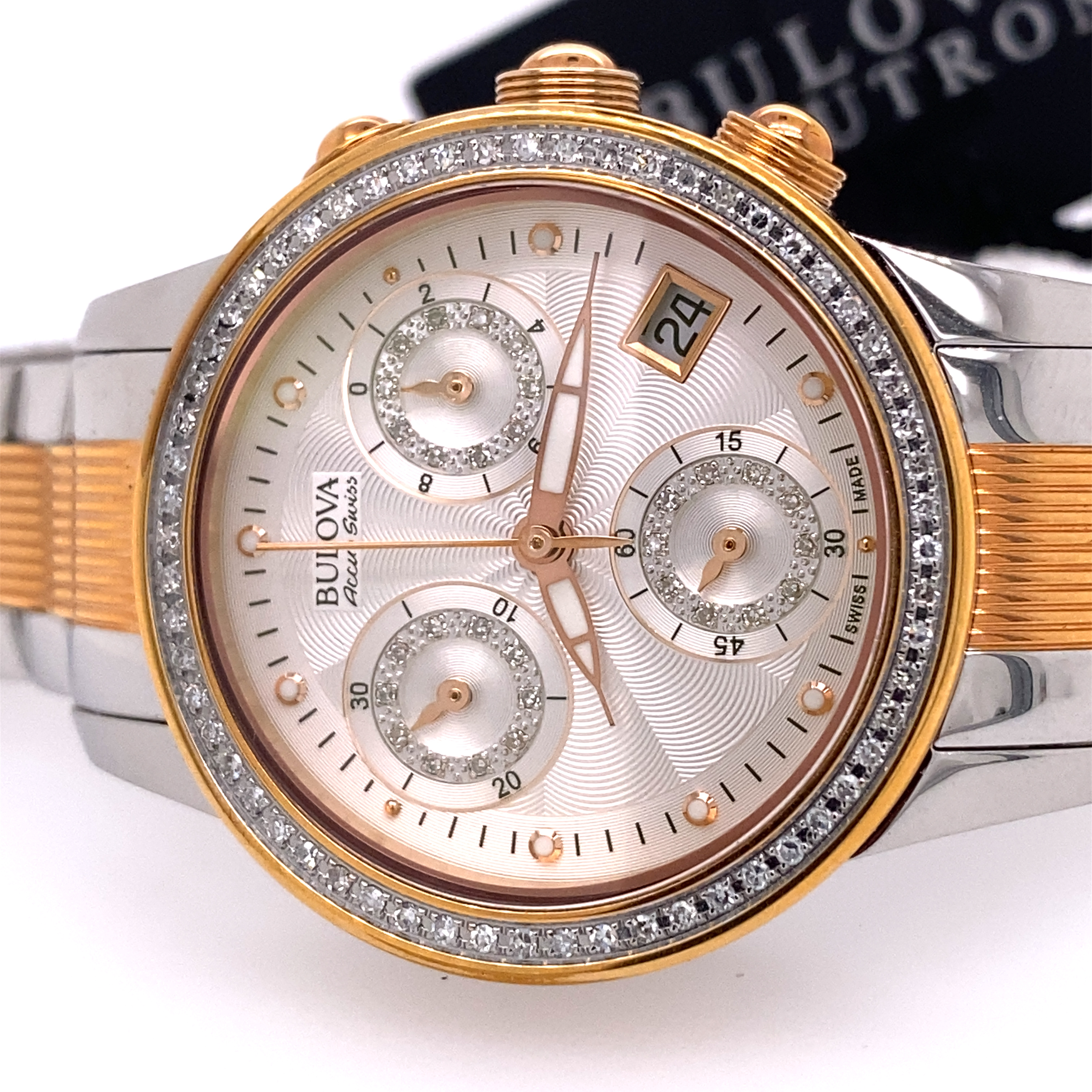 Bulova Accutron Ladies Swiss Made Rose Gold and Silver Tone Diamond Chronograph Watch