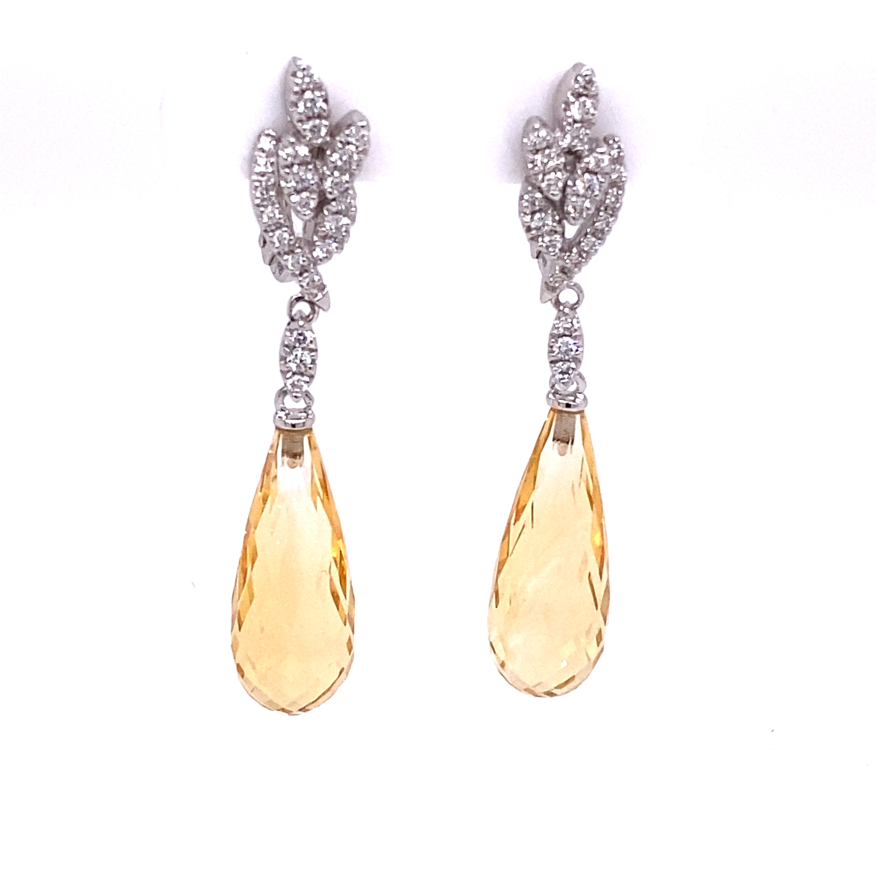 White gold earrings with diamonds and yellow citrin omega backings 14K 18K 585 750 