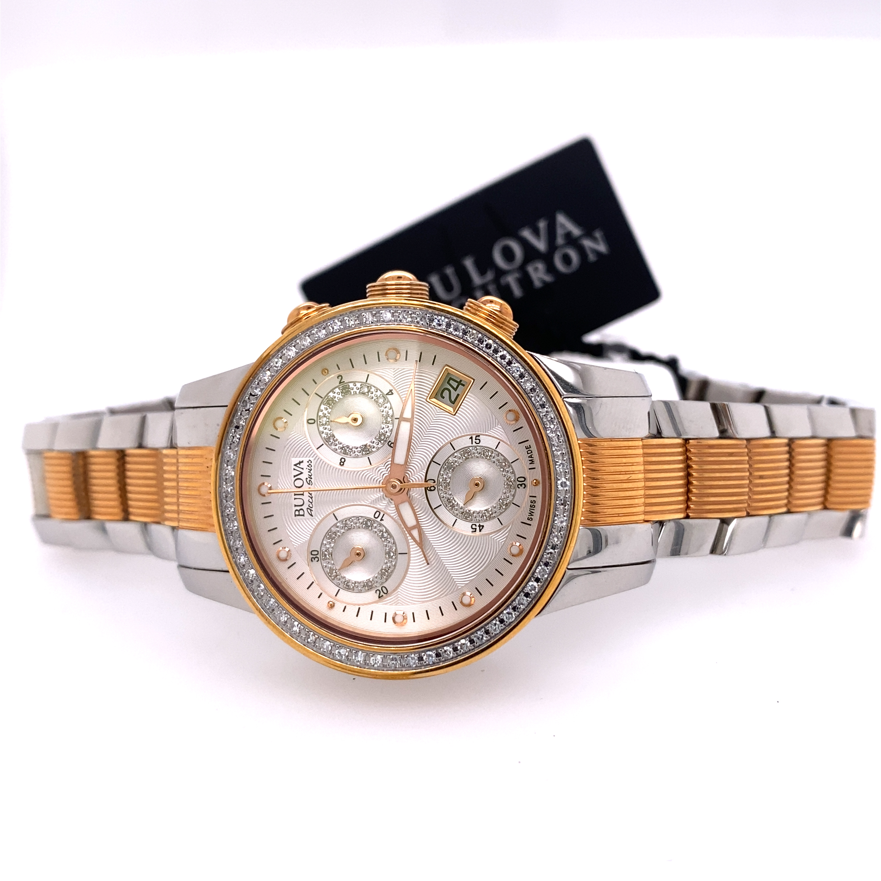Bulova Accutron Ladies Swiss Made Rose Gold and Silver Tone Diamond Chronograph Watch